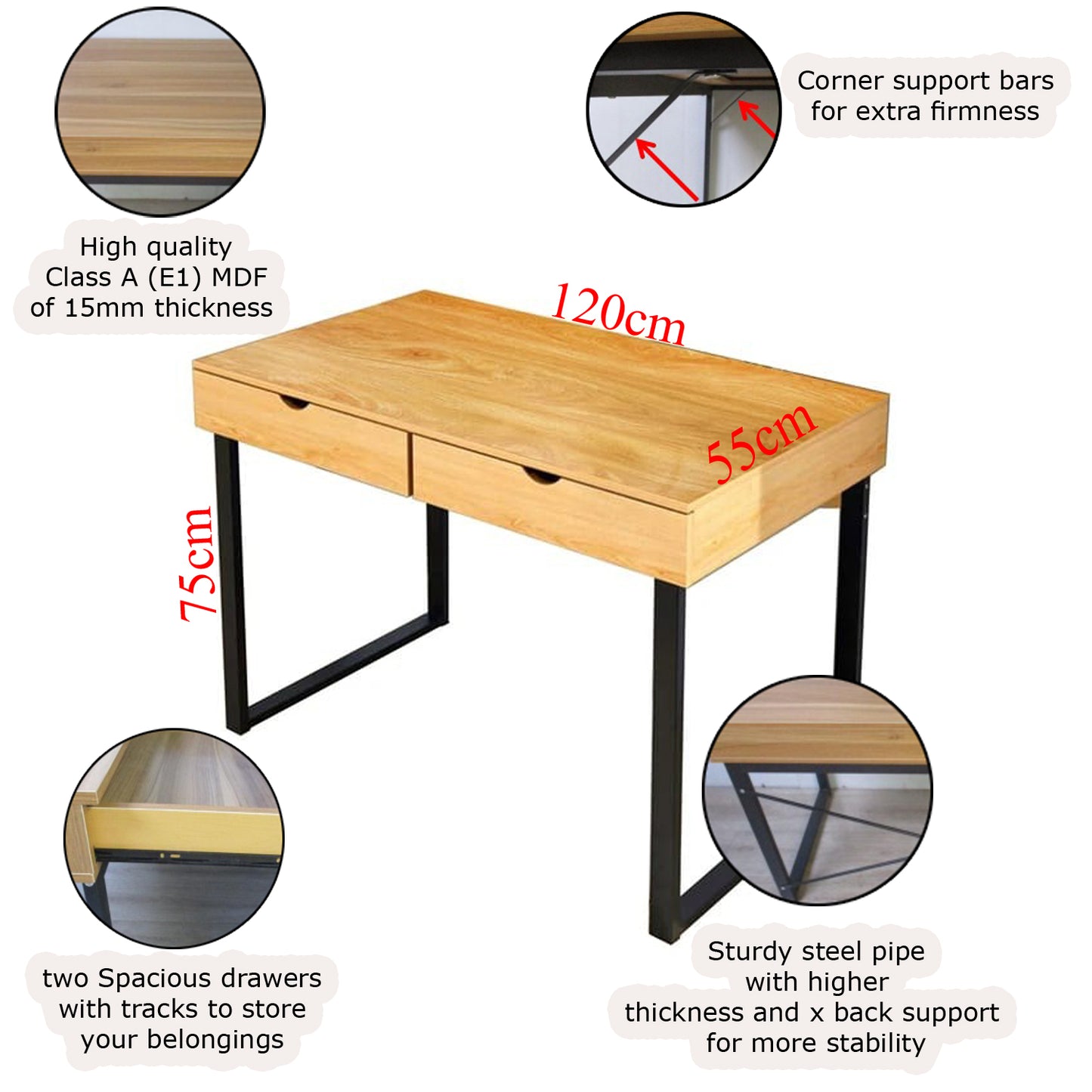 Office Desk Table - Modern Computer Desk with two Drawers 120x55x75cm